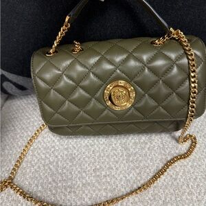 Versace Olive Quilted Crossbody Bag with Gold Chain